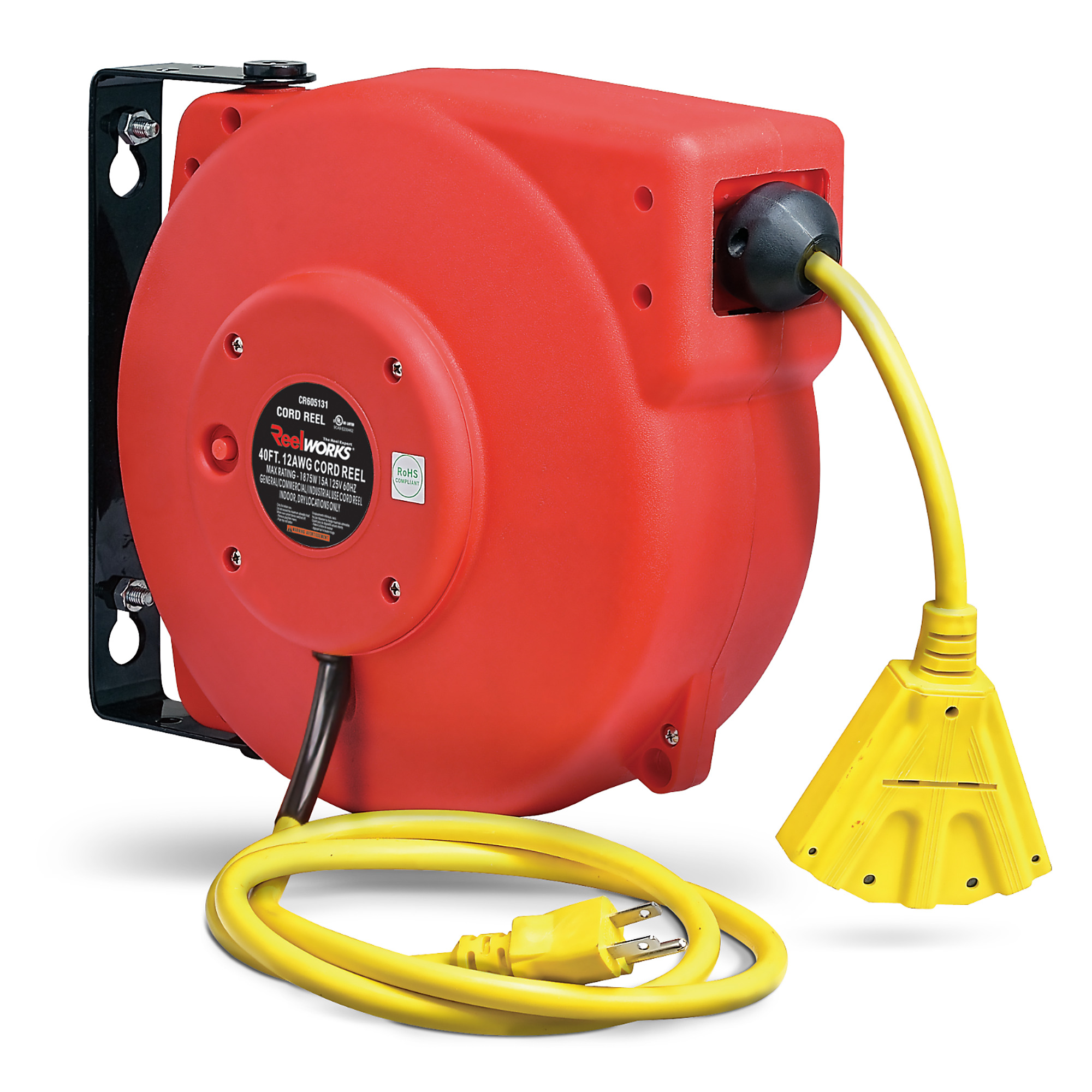 ReelWorks, Retractable Extension Cord Reel 12AWG x 40ft., Length 40 ft, Cable Gauge 12 Model# TRI-CR605131S3A